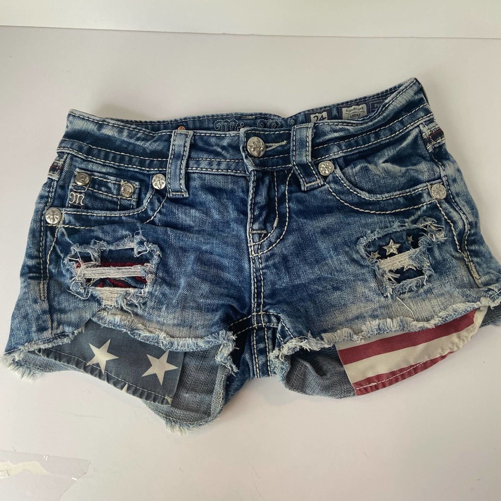 MISS ME American Flag Shorts Sz 24 USA Stars Stripes Bling Distressed Patriotic